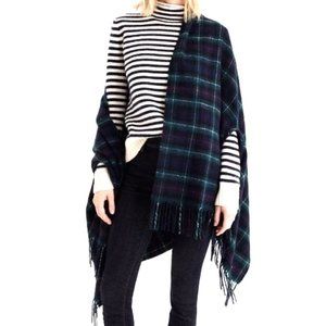 J CREW Wool Blend Fringed Tartan Plaid Poncho Wrap Scarf with Armholes